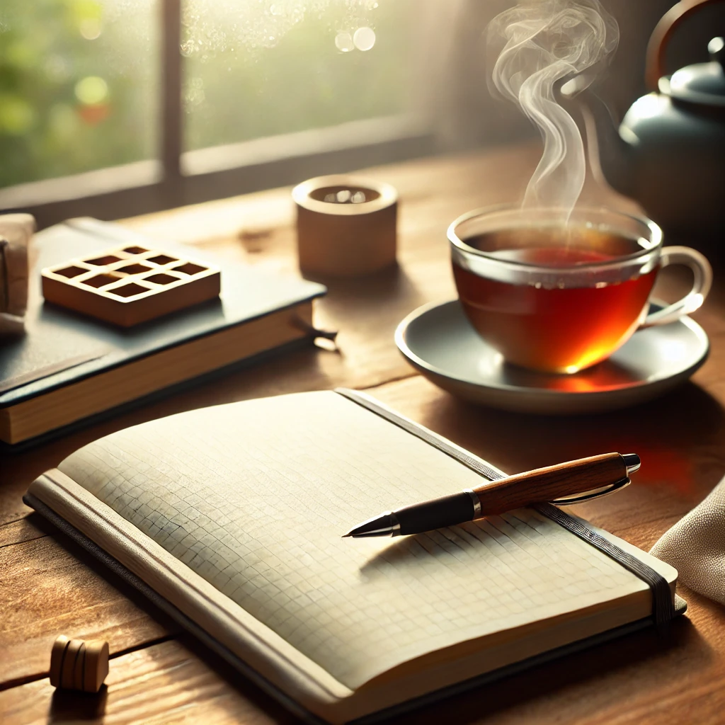notebook and pen on a wooden desk